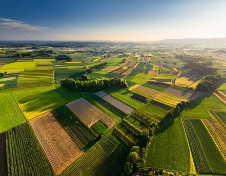aerial view of patchwork fields and mosaic cultivated lands on a sunny day various types agricultural cultures
