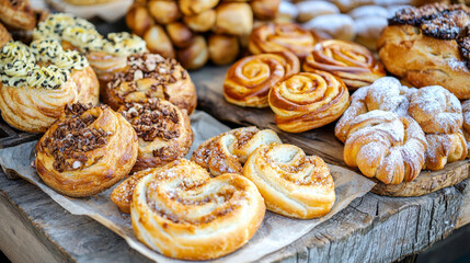 Assorted pastries on rustic wood: swirls, nut-topped, and sugared delights