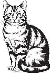 Detailed Tabby Cat Illustration: Domestic Feline Portrait in Black and White Vector Art