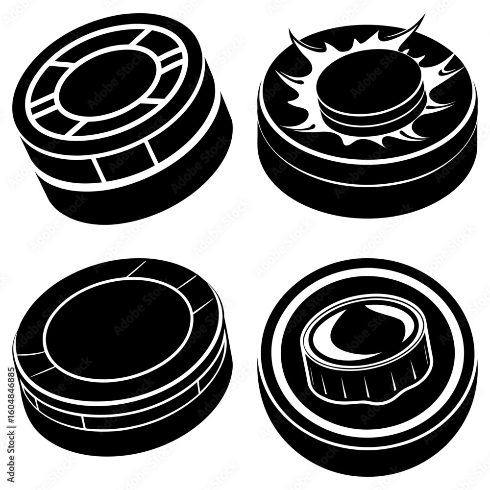 Poster illustration showing four black and white circular objects with unique designs and varying perspecti