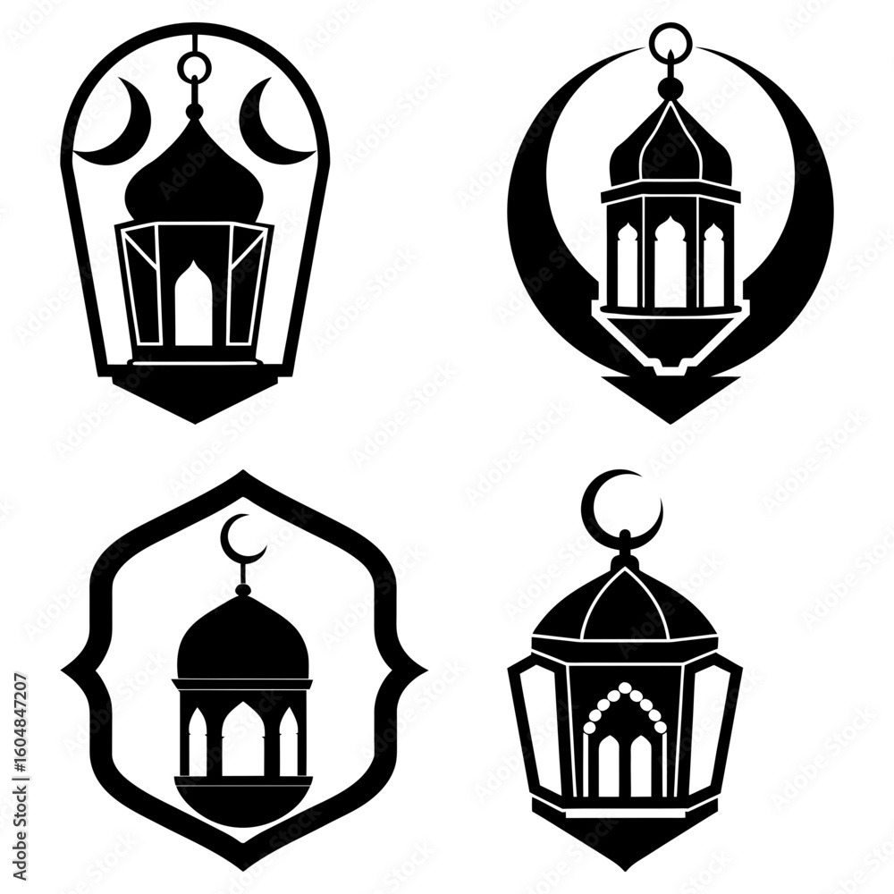 Poster four stylized black and white ramadan lanterns with crescent moon design elements in various shapes 