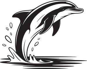Dynamic Dolphin Leaping Out of Water Vector Illustration in Black and White on Transparent BG