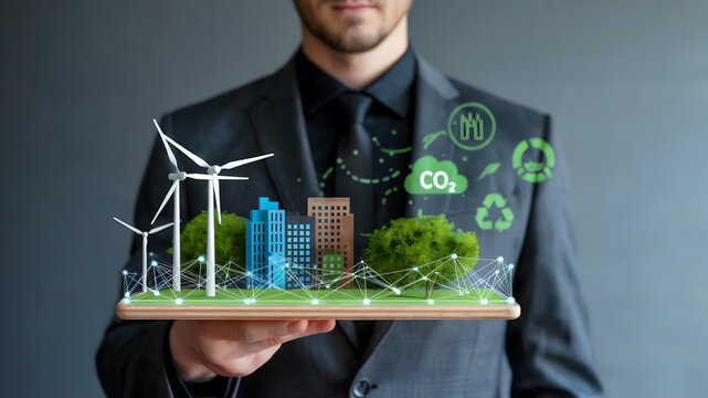 Visionary executive showcases sustainable urban development concept featuring wind turbines and eco-friendly city planning with digital interface elements