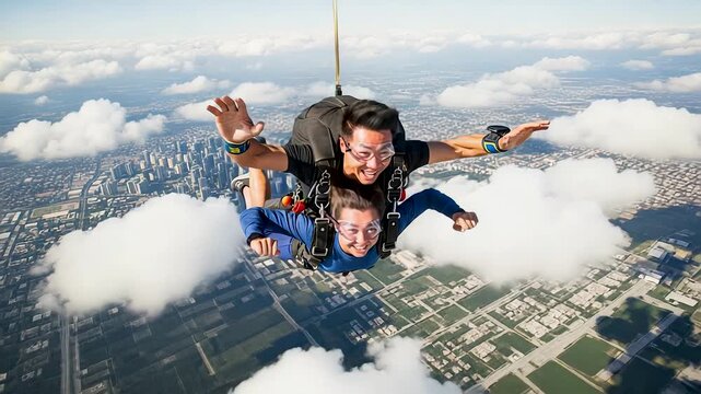 Tandem skydivers freefall above city skyline, skydivers feel pure adrenaline, skydivers invite fearless spirit. Concept extreme freedom