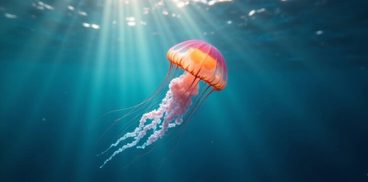 Graceful jellyfish in sunlit ocean depths, a vibrant underwater scene of marine life