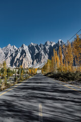The autumn scenery with Tupopdan, Passu Cathedral or Passu Cones, is a mountain in northern Pakistan