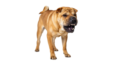 Angry shar pei dog growls and bares teeth while standing on white background