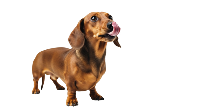 Dachshund licking its nose with a playful expression captured against a transparent background