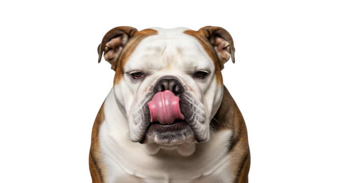Cute English Bulldog licks nose while closing one eye, showcasing a playful expression and full body against a transparent background