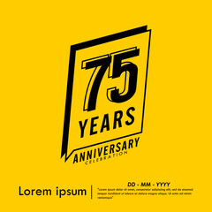 75th years anniversary celebration emblem. congratulations anniversary black logo isolated with ribbons on yellow background. vector illustration template design for web banner