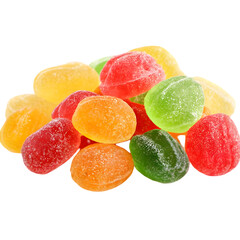 A colorful assortment of assorted fruitflavored gummy candies in various shapes and bright colors, including red, green, yellow, and orange, isolated on a transparent background