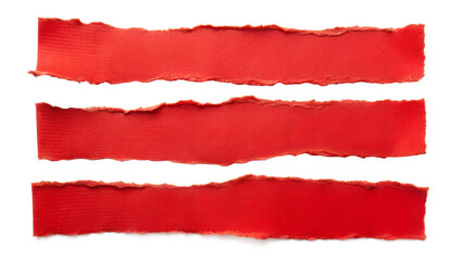 Three strips of red torn paper are arranged on a transparent background creating a vibrant and textured design element