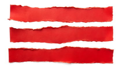 Three strips of red torn paper are arranged on a transparent background creating a vibrant and textured design element