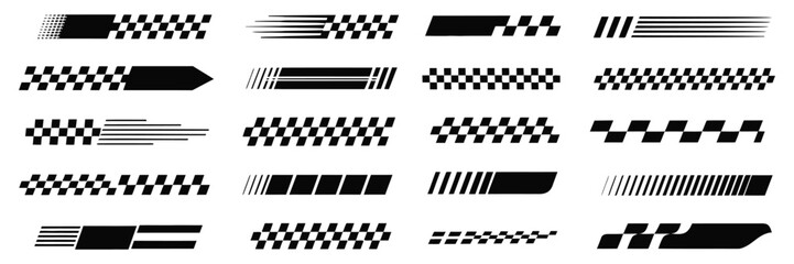 Race Car Decal Collection, Angled Checkered Patterns, Finish Line Graphics, Speed Stripes, Dynamic Motorsport Labels, and Sport Tuning Stickers for High-Performance Vehicles