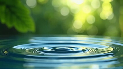 Concentric water ripples spreading gently on calm surface with leaf and green foliage in background, capturing serene nature motion
- Powered by Adobe