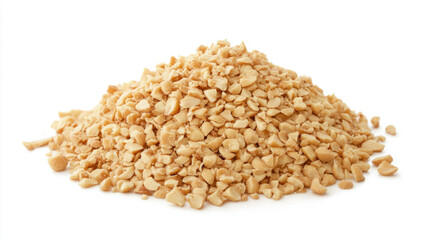Fototapeta premium Crushed peanuts, isolated on white background. Crumbled Peanuts Isolated, Broken Roasted Arachis Nuts, Heap of Pea Nut Crumbs. 