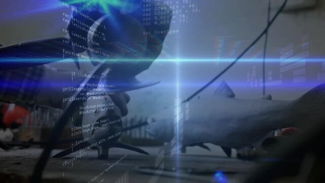 Female technician adjusting sensor over plane while blue code overlay scrolling for calibration - Powered by Adobe