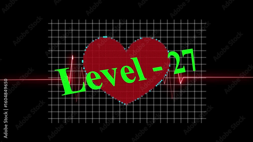 Poster abstract glowing level - 27 icon combined with heartbeat love symbol and neon pulse line animation f