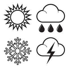 Fototapeta premium Set of monochrome weather icons with sun clouds rain thunder and snowflakes