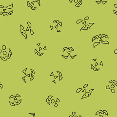 Black Line Art Jack o Lantern Faces Tossed on a Halloween Lime Green Background creating a seamless pattern print