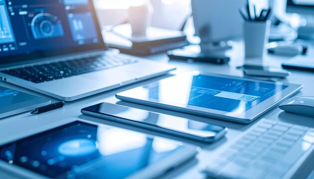 Modern office workspace with various digital devices, including laptops, tablets, and smartphones, displayed on a white desk.