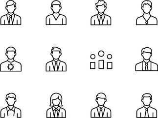 Collection of simple line art icons representing diverse people in business attire