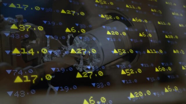 On signal robotic arm extending gripping rotating component as data scrolling ensuring alignment