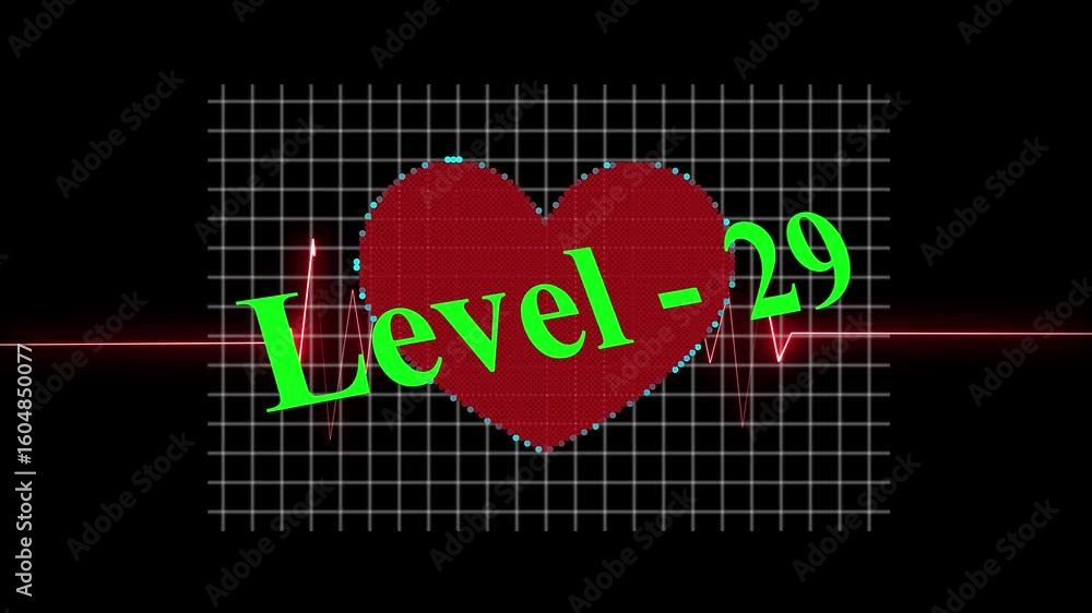 Poster abstract glowing level - 29 icon combined with heartbeat love symbol and neon pulse line animation f