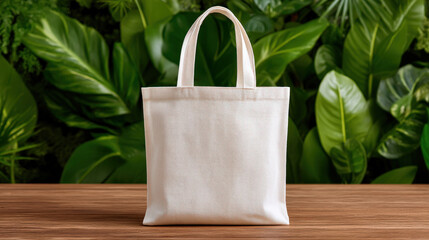 Simple canvas tote bag stands prominently against lush green backdrop of tropical leaves, showcasing its versatility and eco friendly appeal. This captures essence of sustainable fashion