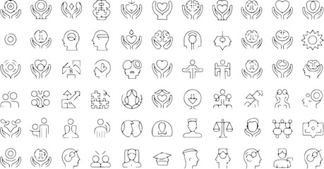 A series of monochrome line art icons for mental health, wellness, and emotional support concepts