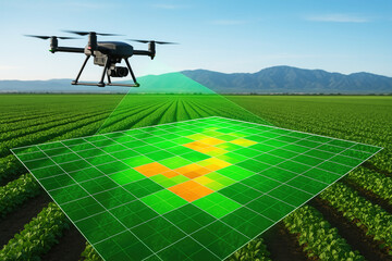 Black drone surveying green agricultural field with data overlay agriculture farming