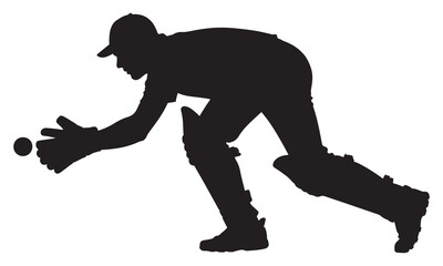 Black silhouette of a cricket player catching a ball white background