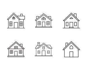 Collection of Simple House Icons Representing Home Ownership and Real Estate Concepts in a Clean Line Art Style