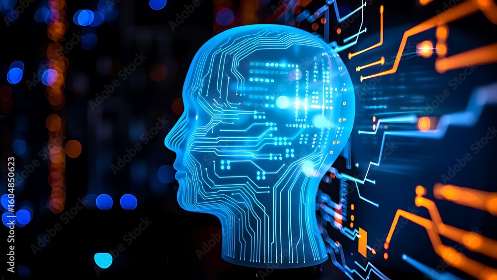 Poster futuristic blue ai head with glowing circuits and data streams