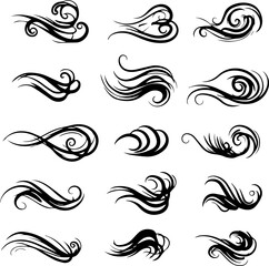 Fototapeta premium Collection of twelve black swirling, curved, and abstract vector design elements on a white background, suitable for decoration or graphic design.