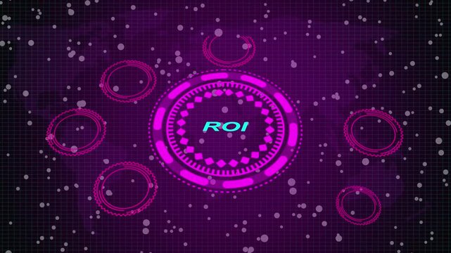 A Return on Investment button on a clear projection ,Business, Technology and network concept. Animated Dynamic wave of color particles. 3d animation and grid maps background.