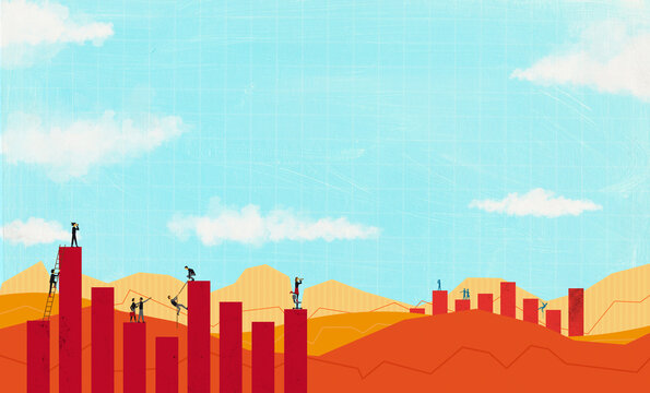 Business people climbing bar charts and looking out at data landscape