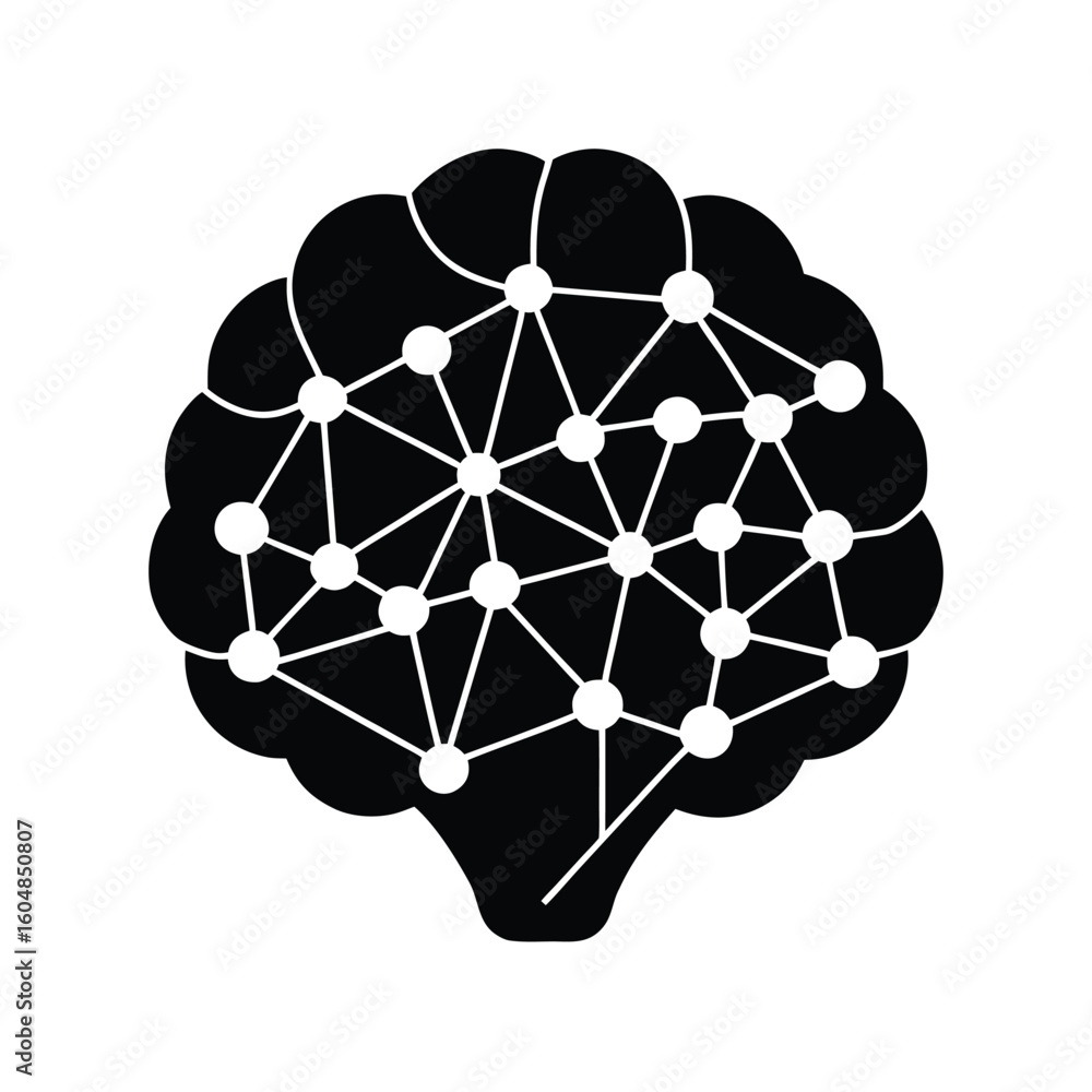 Poster silhouette a brain with a network nodes lines vector