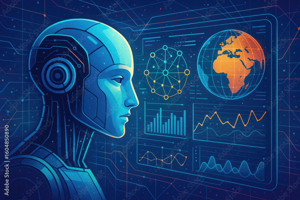 Poster blue robotic head observing digital data displays including a globe and charts artificial intelligen