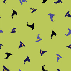 Spooky Witch Hats Tossed in a Non Directional Pattern on a Halloween Lime Green Background creating a seamless pattern print