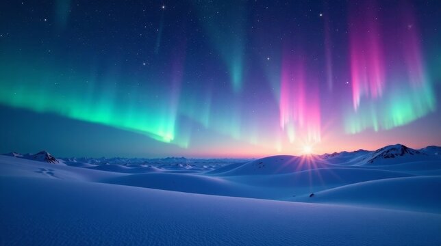 Serene Winter Landscape with Vibrant Aurora Borealis Display at Sunrise