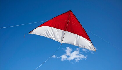 Red and white kite soars high against a vibrant blue sky on a sunny day outdoors. Indonesia national day