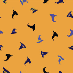 Spooky Witch Hats Tossed in a Non Directional Pattern on a Halloween Pumpkin Orange Background creating a seamless pattern print