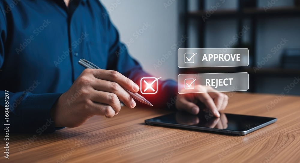 Poster man deciding approval using pen on tablet with approve and reject options shown