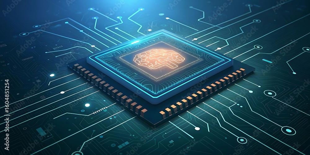 Poster glowing microchip processor with circuitry isolated on white background