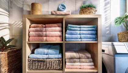 neat towels with laundry room shelves