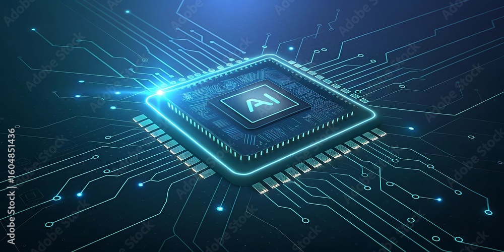 Aufkleber glowing ai microchip with circuitry isolated on white background