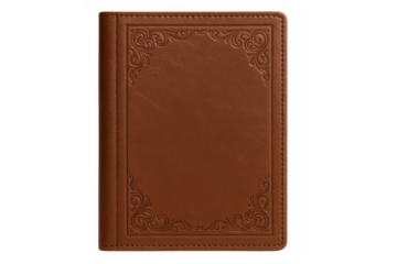 Vintage leather book cover with ornamental embossed border, resting on transparent surface, ready for graphic design application
