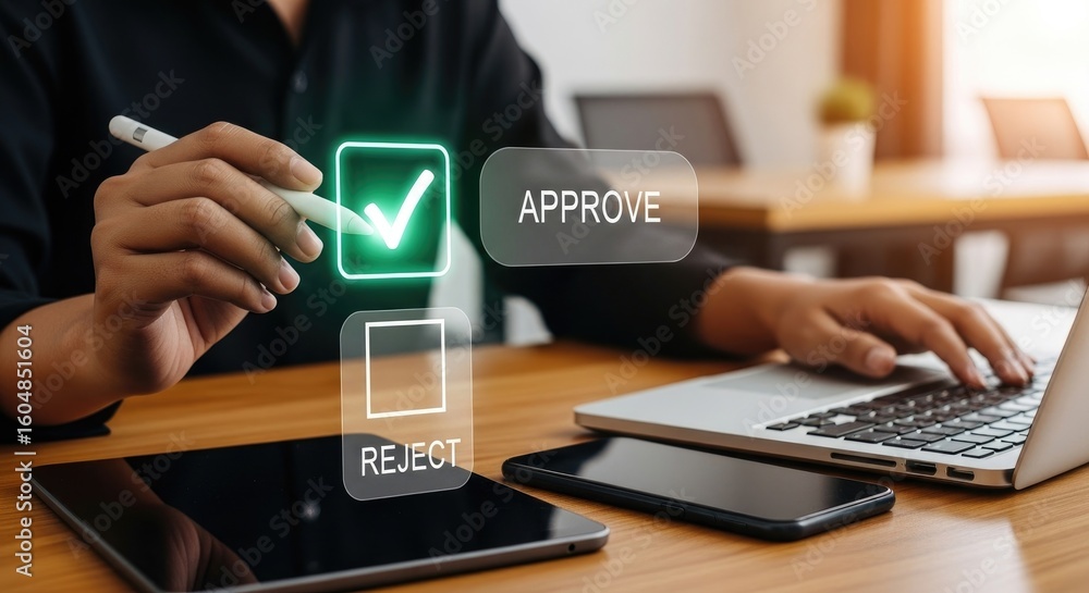 Poster Man Making Choice on Digital Interface with Stylus and Laptop for Approval Decision