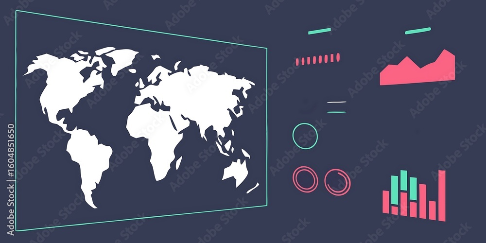 Poster global data analytics and world map visualization isolated on white background
